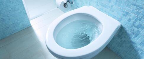 The modern toilet with a serene water view in a stylish bathroom setting. photo