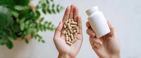 The hands holding herbal capsules and a white bottle with a plant background. photo