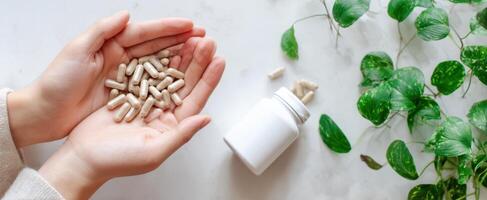 The hands holding dietary supplements with greenery in the background. photo