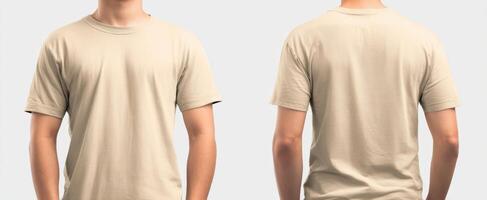 The neutral beige t-shirt displayed from front and back angles for fashion showcase. photo