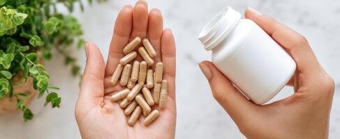 The hand holding dietary capsules with a white bottle and greenery in the background. photo