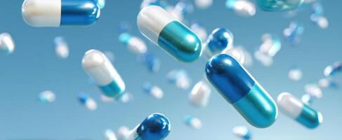 The vibrant capsules floating against a soft blue background in a stylish arrangement. photo