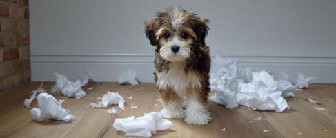 The playful puppy causing mischief with shredded paper in a cozy room. photo