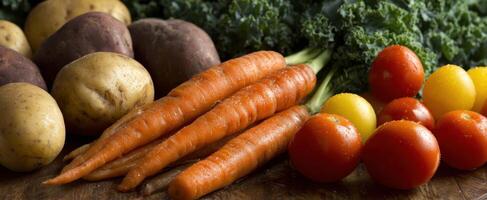 The colorful assortment of fresh vegetables arranged on a rustic wooden table. photo