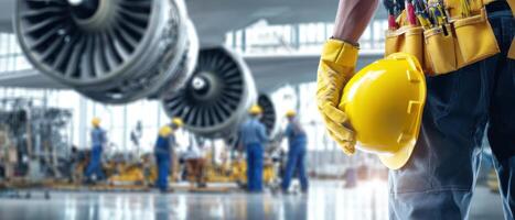 The dedicated worker in a hangar holding a safety helmet while repairing aircraft engines. photo