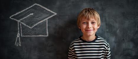 The smiling boy in front of a chalkboard graduation illustration. photo