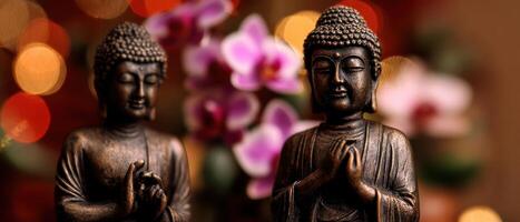 The Serene Buddha Statues Surrounded by Delicate Orchid Flowers photo