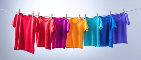 The vibrant display of colorful t-shirts hanging on a line. photo