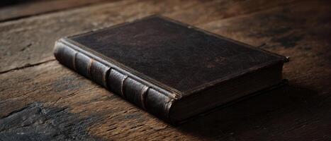 The antique leather-bound book resting on a rustic wooden table. photo