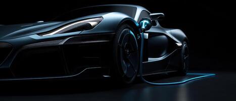 The electric car charging in a sleek, modern environment for sustainable driving. photo
