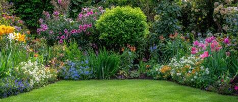 The vibrant garden filled with blooming flowers and lush greenery. photo