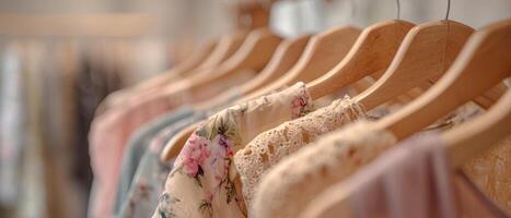 The collection of stylish dresses elegantly displayed on wooden hangers. photo