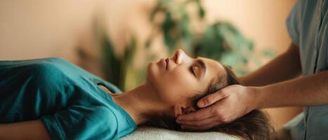 The woman receiving a calming massage in a serene wellness environment. photo