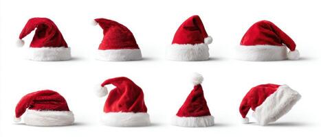 The collection of Santa hats in various styles and designs on a white background. photo