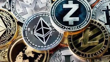 Cryptocurrency Bitcoin Coins. Crypto Currency Gold Bitcoin video