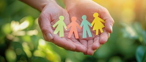 The hands holding colorful paper figures representing unity and community engagement. photo