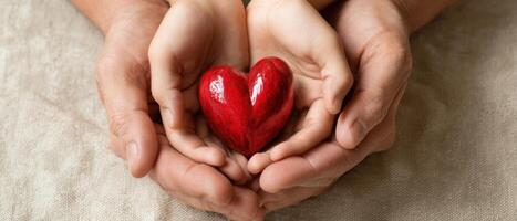 The Beautiful Connection of Hands Holding a Red Heart Symbolizing Love photo
