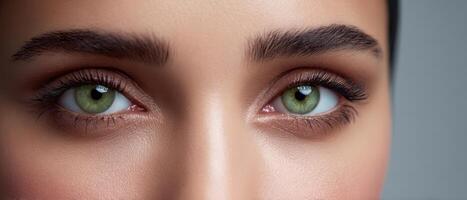 The captivating green eyes of a beautiful woman in close-up. photo