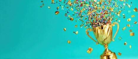 The golden trophy overflowing with colorful confetti in a vibrant celebration. photo