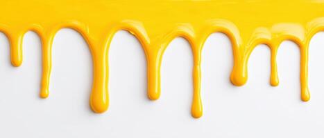 The vibrant yellow paint dripping smoothly across a white background photo