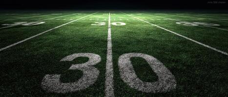 The illuminated football field showcasing the 30-yard line at night. photo