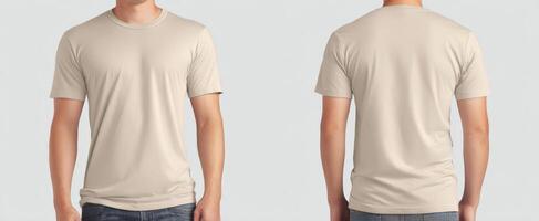 The stylish beige t-shirt displayed front and back for mockup purposes. photo