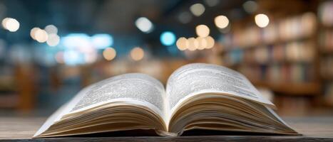 The open book showcasing pages in a tranquil library setting. photo