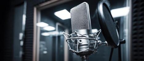 The microphone capturing sound in a professional recording studio setting photo