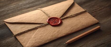 The elegant envelope sealed with wax on a rustic wooden table. photo