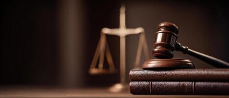 The gavel resting on law books beside the balanced scales of justice. photo