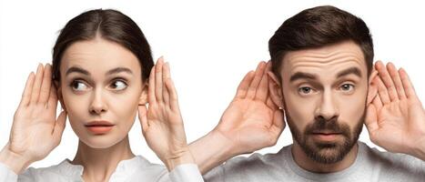The man and woman listening attentively with cheerful expressions while connecting. photo