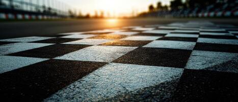 The checkered finish line at sunset on a race track. photo