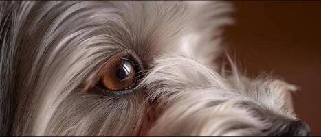 The close-up of a dog's expressive eye with soft fur details photo