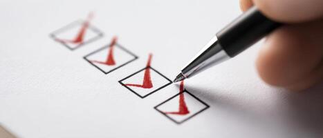 The checklist being marked with a pen in a close-up photo. photo
