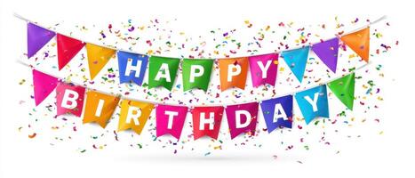 The vibrant birthday banner with colorful flags and confetti celebration. photo