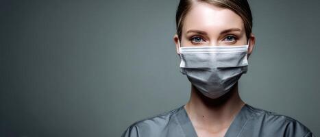 The healthcare professional wearing a mask in a modern medical setting. photo