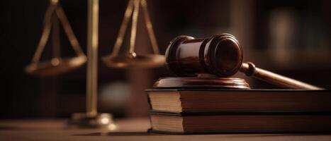 The gavel resting on law books beside scales of justice in a courtroom setting. photo