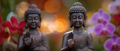 The Serene Bronze Buddha Statues Surrounded by Colorful Orchids and Bokeh Effects photo