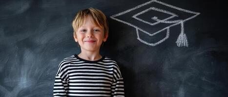 The smiling boy with a graduation cap chalk drawing behind him. photo