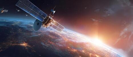 The satellite hovering above Earth during a stunning cosmic dawn. photo