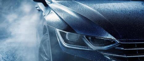 The sleek blue car with raindrops showcasing modern automotive design. photo