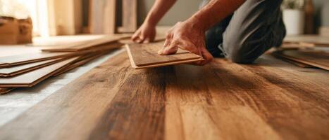 The hands of a skilled worker installing wooden flooring indoors. photo