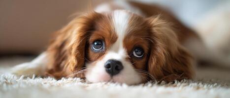 The adorable Cavalier King Charles Spaniel resting peacefully on a cozy carpet. photo