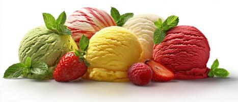The Colorful Variety of Ice Cream Scoops with Fresh Fruits and Mint photo
