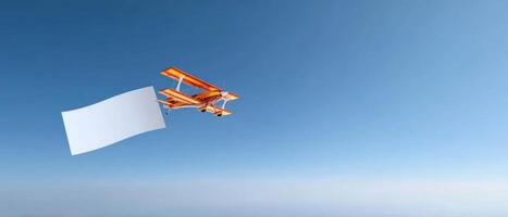 The airplane flying a blank banner across a clear blue sky. photo