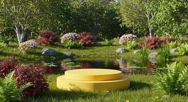 A yellow bench sitting in a grassy field next to a pond photo