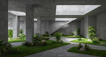 A concrete courtyard with plants and a sky light photo