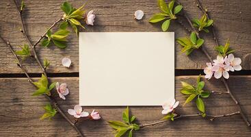 Spring background with empty paper and cherry blossom branches on wooden background photo