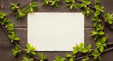 Spring background with paper and green branches on wooden background photo