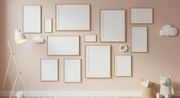 A room with a white wall, a lamp and a few frames photo